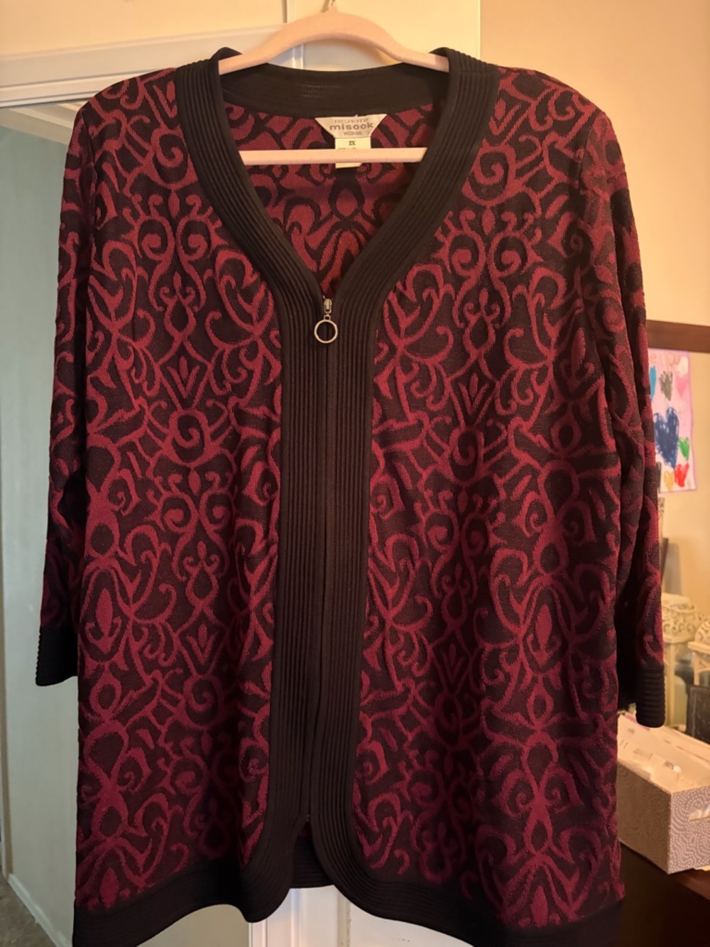 Misook Burgundy and Black Patterned Zip-Front Cardigan